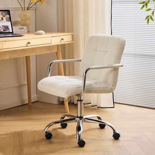 Fauteuil De Bureau Capitonné, Pivotant Et Réglable En Hauteur En Velours Côtelé Beige - Nolan