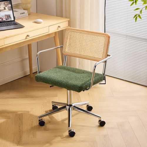 Fauteuil De Bureau Pivotant Et Réglable En Hauteur En Tissu Bouclé Vert Et Cannage - Julian