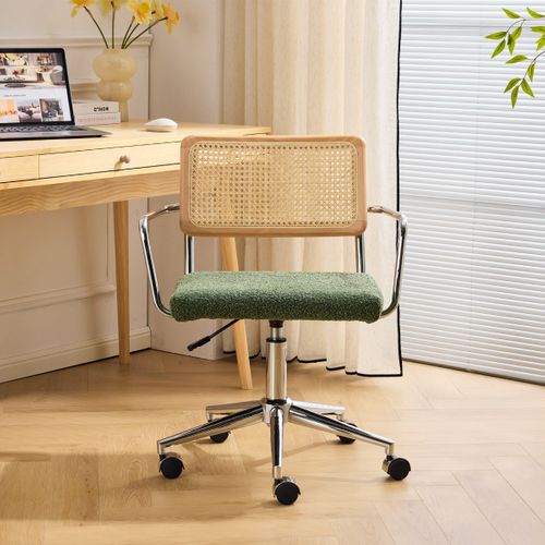 Fauteuil De Bureau Pivotant Et Réglable En Hauteur En Tissu Bouclé Vert Et Cannage - Julian