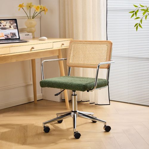 Fauteuil De Bureau Pivotant Et Réglable En Hauteur En Tissu Bouclé Vert Et Cannage - Julian