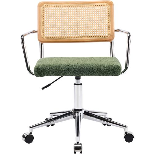 Fauteuil De Bureau Pivotant Et Réglable En Hauteur En Tissu Bouclé Vert Et Cannage - Julian