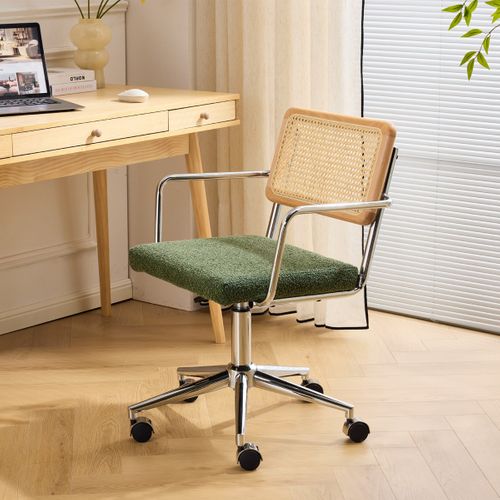Fauteuil De Bureau Pivotant Et Réglable En Hauteur En Tissu Bouclé Vert Et Cannage - Julian