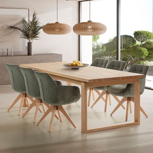 Table à Manger Rectangulaire En Bois, Piètement Couleur Chêne, 220 Cm - Line