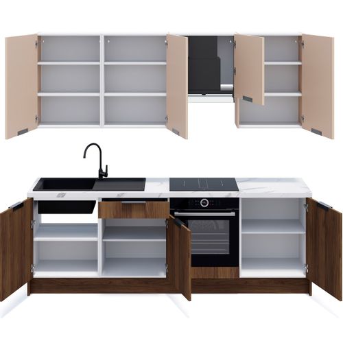 Ensemble De 8 Meubles De Cuisine - L. 245 Cm - Noyer Brun Et Cachemire - Sierra Mix