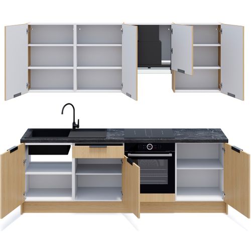 Ensemble De 8 Meubles De Cuisine - L. 245 Cm - Chêne Clair Et Chêne Clair Cannelé - Sierra Mix