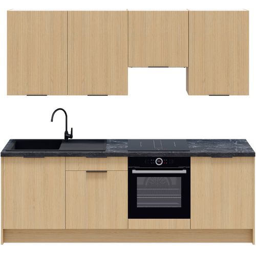 Ensemble De 8 Meubles De Cuisine - L. 245 Cm - Chêne Clair Et Chêne Clair Cannelé - Sierra Mix