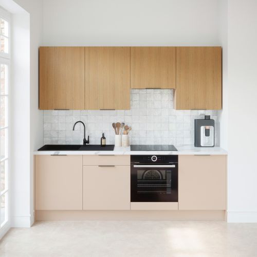 Ensemble De 8 Meubles De Cuisine - L. 245 Cm - Beige Cachemire Et Chêne Clair Cannelé - Luzia Mix
