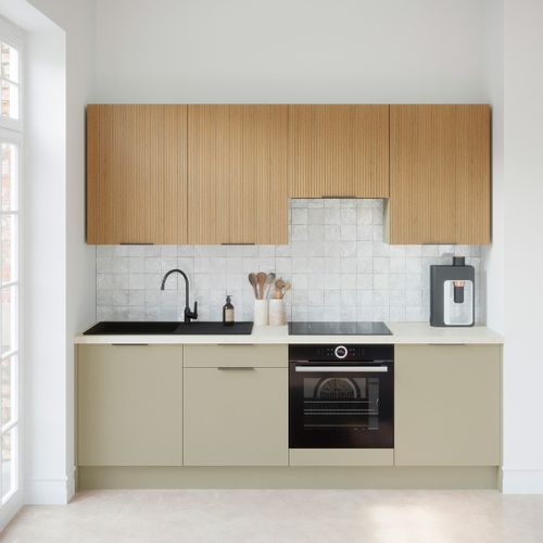 Ensemble De 8 Meubles De Cuisine - L. 245 Cm - Vert Sauge Et Chêne Clair Cannelé - Luzia Mix