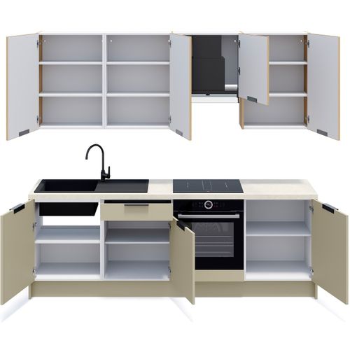 Ensemble De 8 Meubles De Cuisine - L. 245 Cm - Vert Sauge Et Chêne Clair Cannelé - Luzia Mix