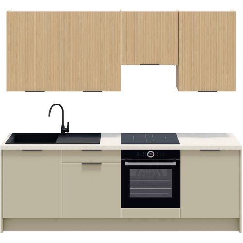 Ensemble De 8 Meubles De Cuisine - L. 245 Cm - Vert Sauge Et Chêne Clair Cannelé - Luzia Mix