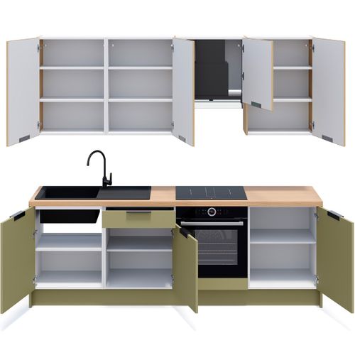 Ensemble De 8 Meubles De Cuisine - L. 245 Cm - Vert Olive Et Chêne Clair Cannelé - Luzia Mix