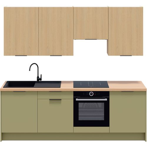 Ensemble De 8 Meubles De Cuisine - L. 245 Cm - Vert Olive Et Chêne Clair Cannelé - Luzia Mix