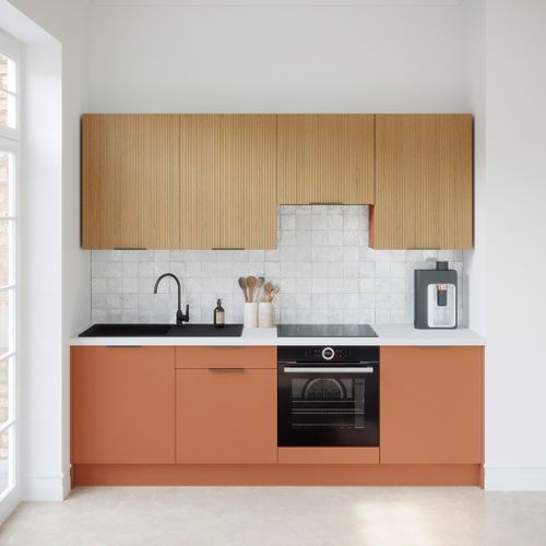 Ensemble De 8 Meubles De Cuisine - L. 245 Cm - Terracotta Et Chêne Clair Cannelé - Luzia Mix