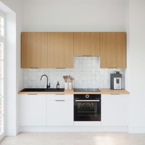 Ensemble De 8 Meubles De Cuisine - L. 245 Cm - Blanc Et Chêne Clair Cannelé - Luzia Mix