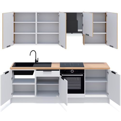 Ensemble De 8 Meubles De Cuisine - L. 245 Cm - Blanc Et Chêne Clair Cannelé - Luzia Mix