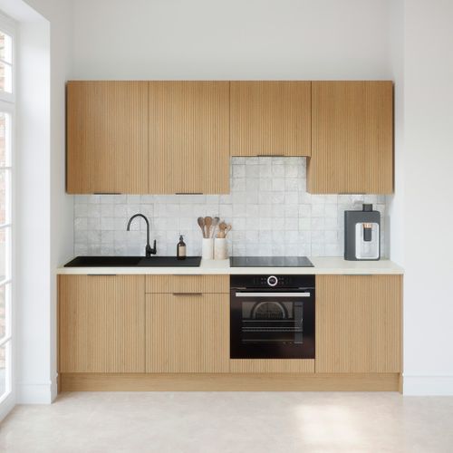 Ensemble De 8 Meubles De Cuisine - L. 245 Cm - Chêne Clair Cannelé - Sierra Mix