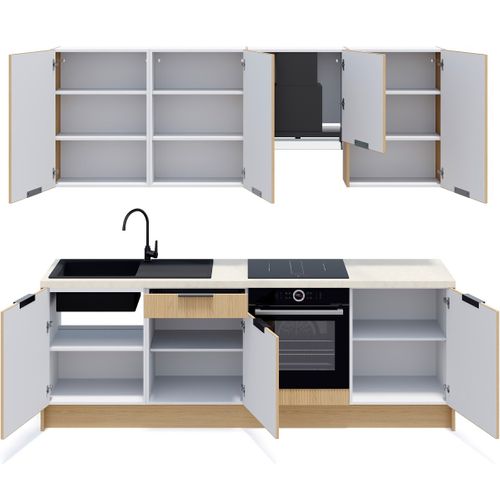 Ensemble De 8 Meubles De Cuisine - L. 245 Cm - Chêne Clair Cannelé - Sierra Mix