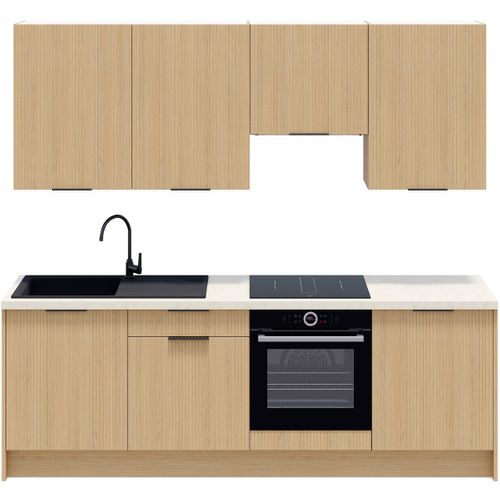 Ensemble De 8 Meubles De Cuisine - L. 245 Cm - Chêne Clair Cannelé - Sierra Mix