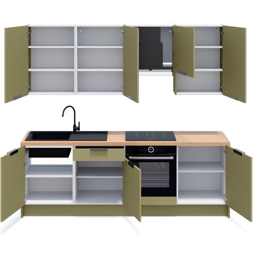 Ensemble De 8 Meubles De Cuisine - L. 245 Cm - Vert Olive - Luzia