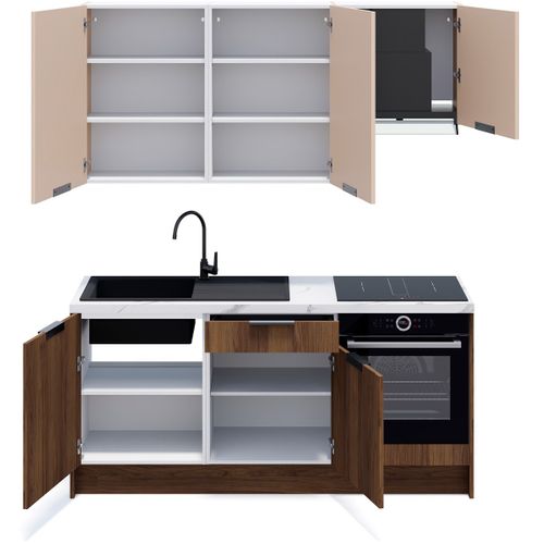 Ensemble De 6 Meubles De Cuisine - L. 185 Cm - Noyer Brun Et Cachemire - Sierra Mix