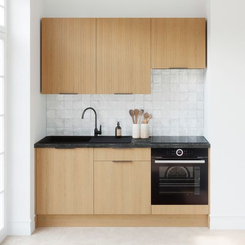 Ensemble De 6 Meubles De Cuisine - L. 185 Cm - Chêne Clair Et Chêne Clair Cannelé - Sierra Mix