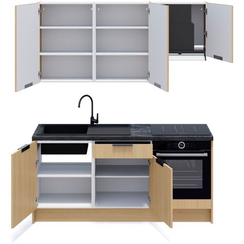 Ensemble De 6 Meubles De Cuisine - L. 185 Cm - Chêne Clair Et Chêne Clair Cannelé - Sierra Mix