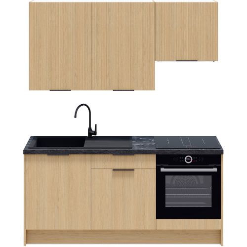 Ensemble De 6 Meubles De Cuisine - L. 185 Cm - Chêne Clair Et Chêne Clair Cannelé - Sierra Mix