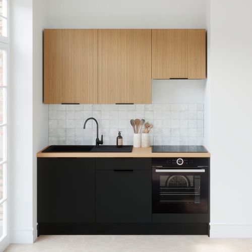 Ensemble De 6 Meubles De Cuisine - L. 185 Cm - Noir Et Chêne Clair Cannelé - Luzia Mix