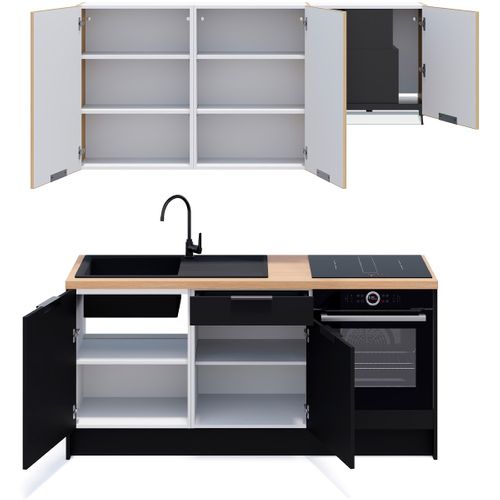 Ensemble De 6 Meubles De Cuisine - L. 185 Cm - Noir Et Chêne Clair Cannelé - Luzia Mix