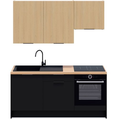 Ensemble De 6 Meubles De Cuisine - L. 185 Cm - Noir Et Chêne Clair Cannelé - Luzia Mix