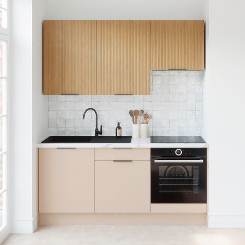 Ensemble De 6 Meubles De Cuisine - L. 185 Cm - Beige Cachemire Et Chêne Clair Cannelé - Luzia Mix