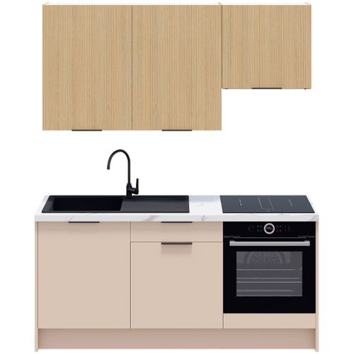 Ensemble De 6 Meubles De Cuisine - L. 185 Cm - Beige Cachemire Et Chêne Clair Cannelé - Luzia Mix