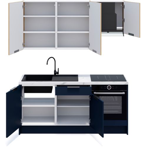 Ensemble De 6 Meubles De Cuisine - L. 185 Cm - Bleu Marine Et Chêne Clair Cannelé - Luzia Mix