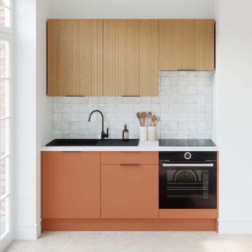Ensemble De 6 Meubles De Cuisine - L. 185 Cm - Terracotta Et Chêne Clair Cannelé - Luzia Mix