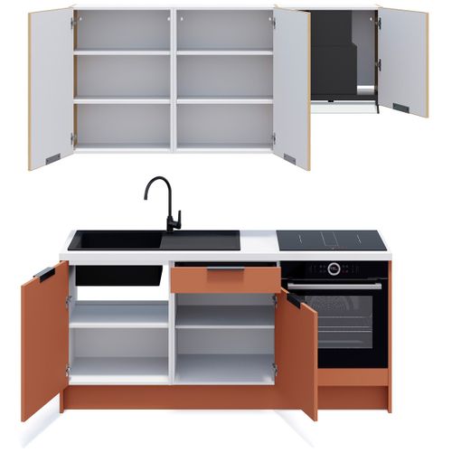 Ensemble De 6 Meubles De Cuisine - L. 185 Cm - Terracotta Et Chêne Clair Cannelé - Luzia Mix