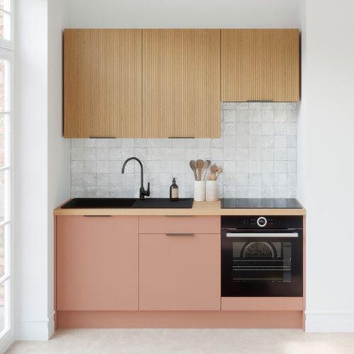 Ensemble De 6 Meubles De Cuisine - L. 185 Cm - Abricot Et Chêne Clair Cannelé - Luzia Mix