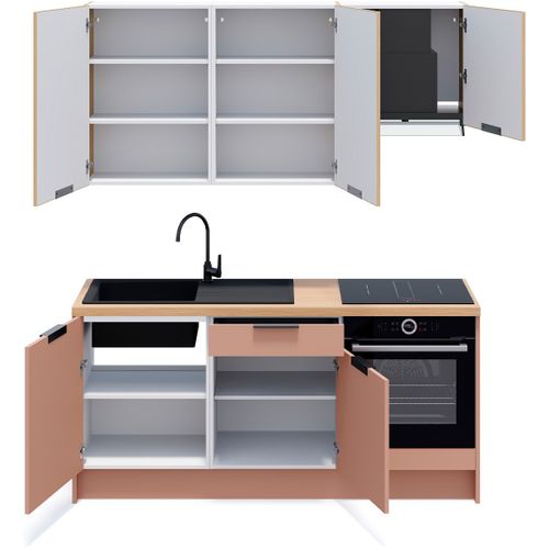 Ensemble De 6 Meubles De Cuisine - L. 185 Cm - Abricot Et Chêne Clair Cannelé - Luzia Mix