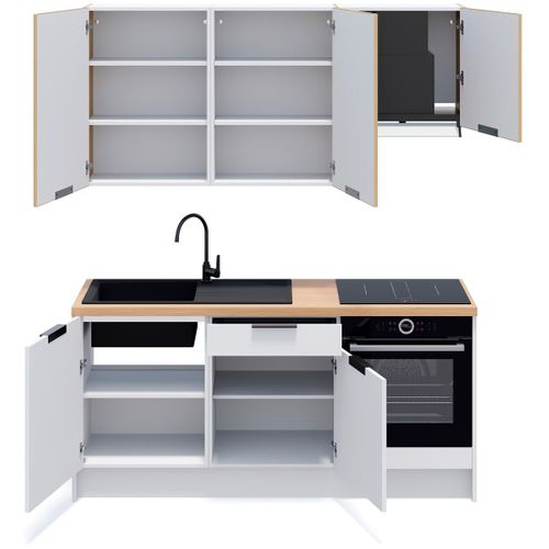 Ensemble De 6 Meubles De Cuisine - L. 185 Cm - Blanc Et Chêne Clair Cannelé - Luzia Mix