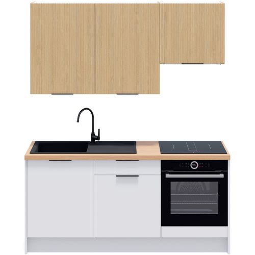 Ensemble De 6 Meubles De Cuisine - L. 185 Cm - Blanc Et Chêne Clair Cannelé - Luzia Mix