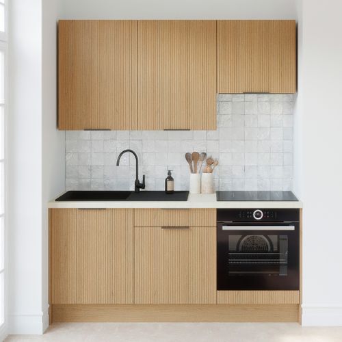 Ensemble De 6 Meubles De Cuisine - L. 185 Cm - Chêne Clair Cannelé - Sierra Mix