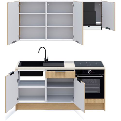 Ensemble De 6 Meubles De Cuisine - L. 185 Cm - Chêne Clair Cannelé - Sierra Mix