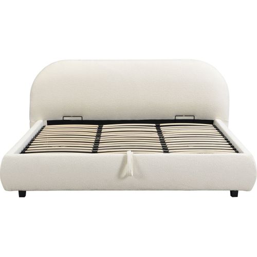 Lit Coffre Adulte 180x200 Cm Avec Tête De Lit Matelassée En Tissu Bouclé Beige - Madisson