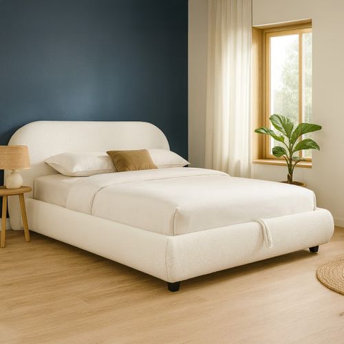 Lit Coffre Adulte 140x190 Cm Avec Tête De Lit Matelassée En Tissu Bouclé Beige - Madisson
