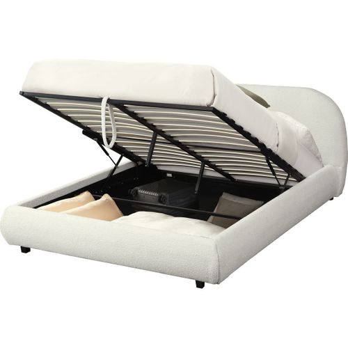 Lit Coffre Adulte 140x190 Cm Avec Tête De Lit Matelassée En Tissu Bouclé Beige - Madisson