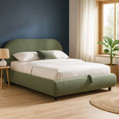 Lit Coffre Adulte 180x200 Cm Avec Tête De Lit Matelassée En Tissu Bouclé Vert Kaki - Madisson