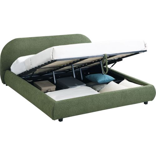 Lit Coffre Adulte 180x200 Cm Avec Tête De Lit Matelassée En Tissu Bouclé Vert Kaki - Madisson