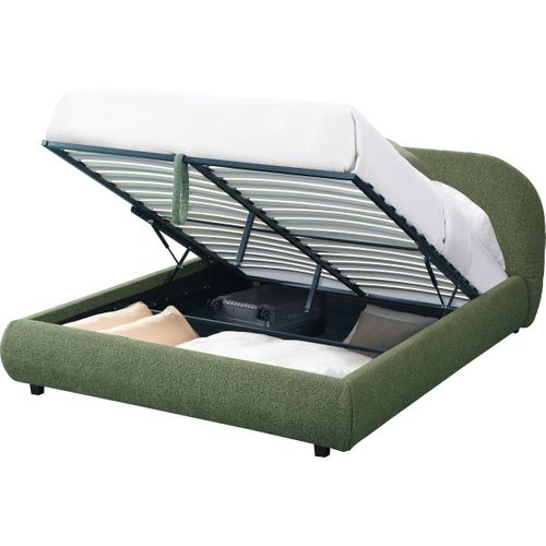 Lit Coffre Adulte 160x200 Cm Avec Tête De Lit Matelassée En Tissu Bouclé Vert Kaki - Madisson