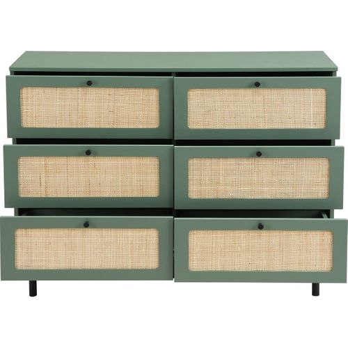 Commode 6 Tiroirs Vert Et Cannage 120 Cm - Luma