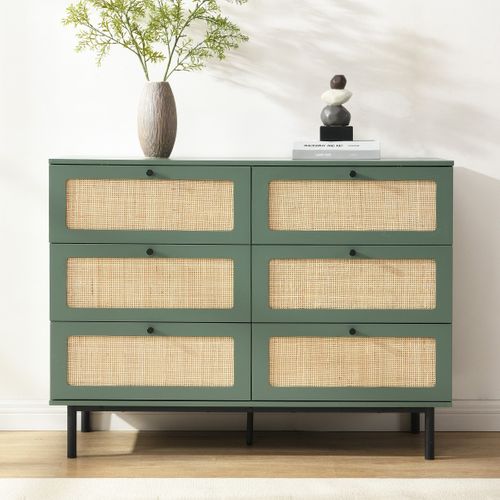 Commode 6 Tiroirs Vert Et Cannage 120 Cm - Luma