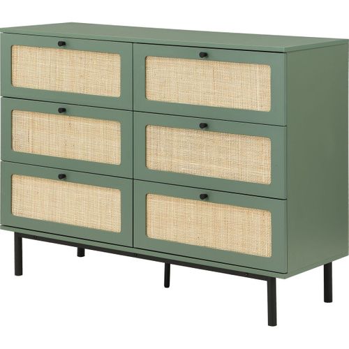 Commode 6 Tiroirs Vert Et Cannage 120 Cm - Luma